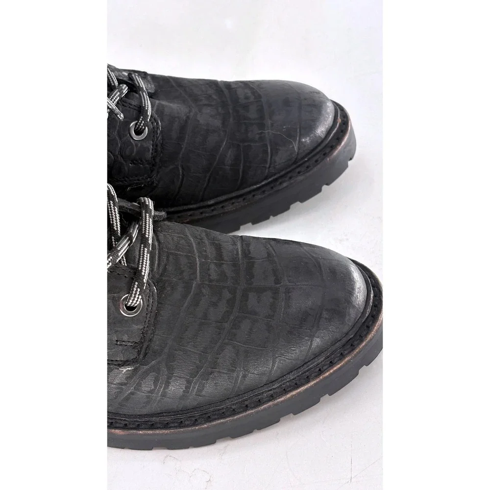 Frye Boots Combat‎ Julie Hook Crocodile Embossed Women 5.5 Black Leather Lace Up